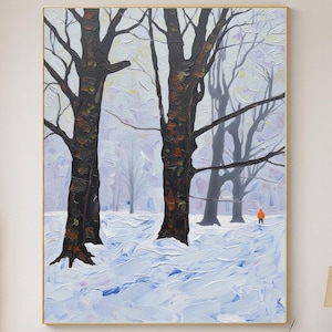Original Hand-painted Winter Forest Oil Painting – Snowy Landscape Canvas Art with Lone Figure, Textured Tree Trunks, Seasonal Wall Decor