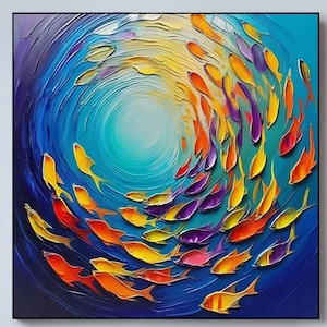 3D-textuur blauwe oceaan olieverfschilderij hedendaagse indigo schilderij op canvas grote kunst oceaan zee kunstwerk vis in de diepe zee woonkamer decor