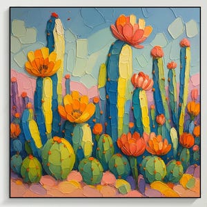 3D Textured Abstract Colorful Cactus Flower Painting Large Wall Art Desert Canvas Modern Impressionist Art Floral Decor Living Room Decor