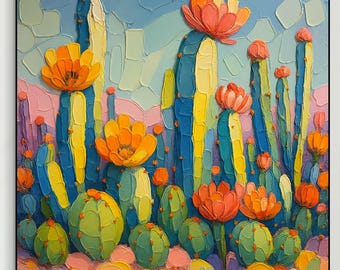 3D Textured Abstract Colorful Cactus Flower Painting Large Wall Art Desert Canvas Modern Impressionist Art Floral Decor Living Room Decor