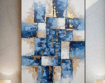Original Blue and Gold Abstract Oil Painting on Canvas, Hand Painted Modern Textured Wall Art, Contemporary Geometric Artwork for Home Decor