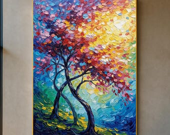 Original Colorful Tree of Life Oil Painting, Large Vibrant Textured Canvas Wall Art, Romantic Impasto Artwork Decor  for Living Room