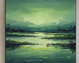 Large Green Landscape Oil Painting On Canvas, Original Textured Hand Painted Wall Art, Modern Nature Inspired Home And Office Wall Decor