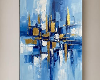Original Abstract Blue and Gold Oil Painting, Large Textured Modern Canvas Art, Hand-Painted Contemporary Geometric Wall Decor Living Room