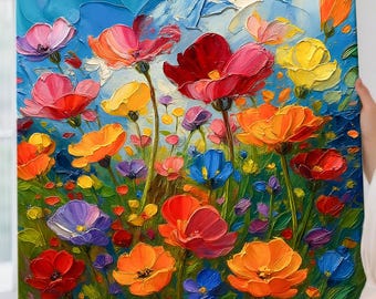 Original Colorful Floral Canvas Vibrant Flower Oil Painting 3D Textured Acrylic Painting Impasto Cheerful Floral Wall Art Living Room Decor
