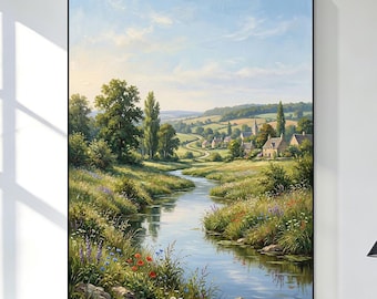 Origineel handgeschilderd landschapsolieverfschilderij, groot landschap rivier wilde bloemenweide kunst aan de muur, decor dorpsgezicht rustieke natuur