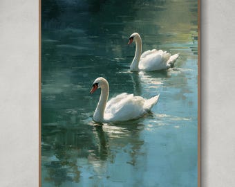 Hand Painted Swan Couple Oil Painting  on Canvas, Romantic Lake Wall Art on Canvas, Original Textured Artwork for Bedroom or Living Room