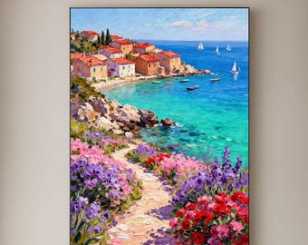 Original Mediterranean Coastal Pathway Oil Painting,Hand-Painted Seaside Landscape Wall Art,Vibrant Floral with Sailing Boats Beach Decor