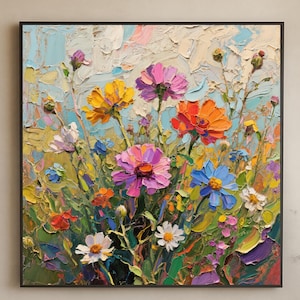 Original Textured Wildflower Painting | Hand-Painted Colorful Floral Canvas Art | Palette Knife Blooming Garden Wall Decor for Living Room
