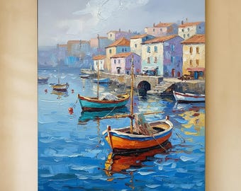 Pintura al óleo original sobre lienzo de un puerto mediterráneo: gran y colorida obra de arte mural costera con barcos y escena de pueblo costero para decoración del hogar