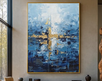 Original Abstract Blue and Gold Oil Painting,Large Textured Modern Canvas Art,Hand-Painted Contemporary Geometric Wall Decor for Livng Room
