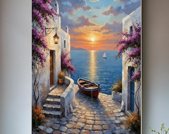 Pintura al óleo original de un pueblo costero al atardecer, arte mural de paisaje urbano mediterráneo pintado a mano, decoración de pared con buganvillas y barcos.