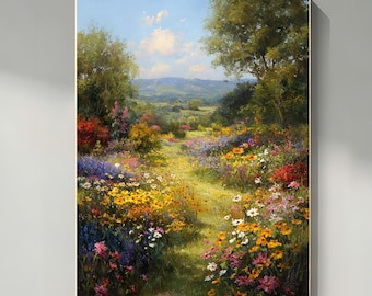 Dipinto originale a olio su tela, raffigurante un sentiero da giardino dipinto a mano, un paesaggio colorato con prati fioriti e un'opera d'arte murale di grandi dimensioni con texture.