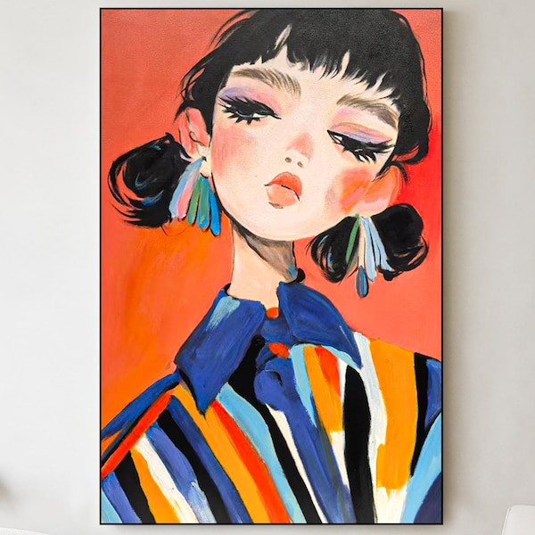Retrato original pintado a mano al óleo: arte moderno y atrevido de una chica sobre lienzo, decoración de pared colorida y a la moda, obra de arte contemporánea para la sala de estar.