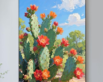 Cactus Oil Painting with Red Flowers Textured Southwest Desert Wall Art Colorful Nature Landscape Art for Living Room or Boho Home Decor