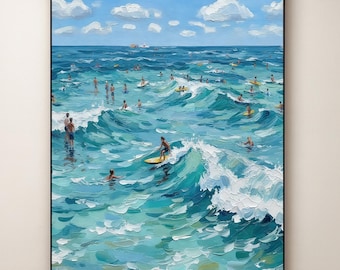 Original Surfing Ocean Oil Painting on Canvas, Textured Beach Seaside Summer Waves Wall Art, Large Coastal Surf Scene Artwork Decor for Home