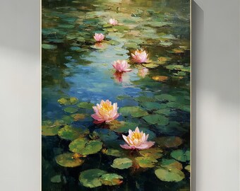 Pink Lotus Water Lily Painting on Canvas, Serene Pond Oil Art, Soft Floral Wall Decor, Original Handmade Painting