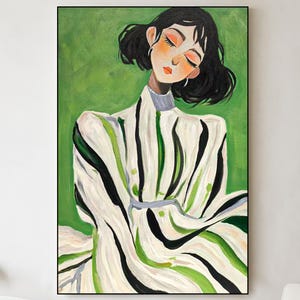 Original Hand Painted Portrait Oil Painting – Minimalist Modern Girl Art on Canvas, Green and White Wall Decor, Unique Contemporary Artwork