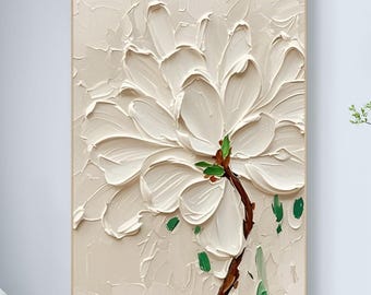 Original Impasto White Flower Palette Knife Oil Painting Textured 3D Floral Wall Art Modern Minimalist Canvas Art Large Living Room Decor