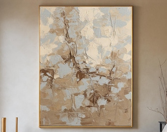 Original Hand-Painted Abstract Oil Painting on Canvas, Large Impasto Beige and Blue Textured Wall Art, Modern Contemporary Home Decor