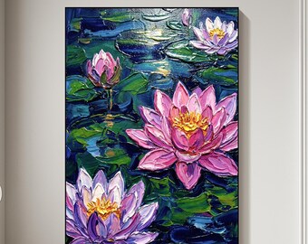 May include: Oil painting depicting water lilies in a pond. The artwork shows pink and purple lotus flowers with yellow centres, amidst green lily pads. The water reflects the sky, creating a tranquil and colourful scene.
