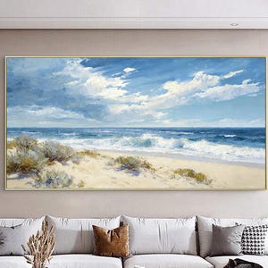 Original Dune Beach Seascape Oil Painting, Large Hand Painted Ocean Shore Wall Art,Waves and Coastal Plants for Natural Coastal Decor