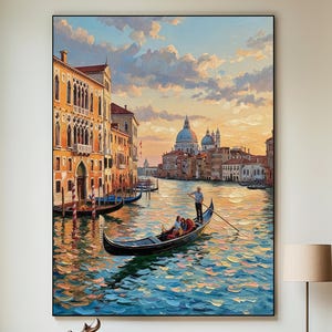 Peinture à l'huile originale sur toile de gondole de Venise peinte à la main, grande oeuvre d'art murale sur un canal coucher de soleil, décoration d'architecture européenne romantique pour salon