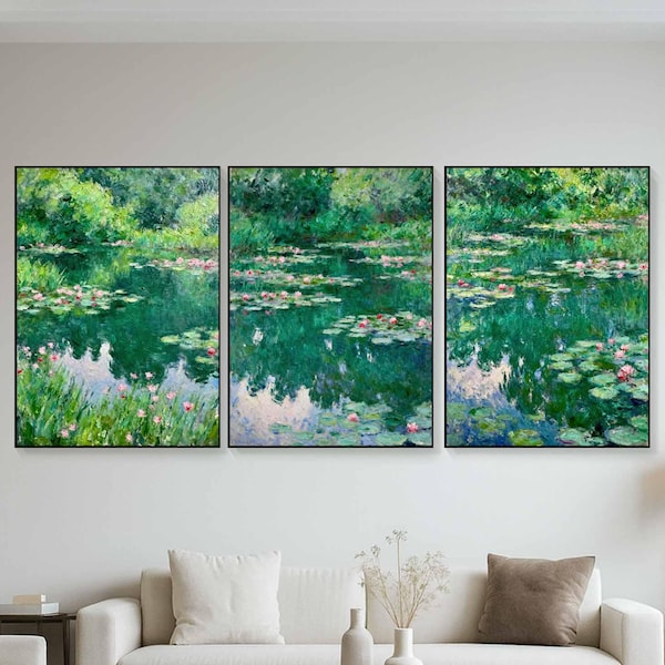 Original Hand Painted Triptych Oil Painting, Impressionist Water Lily Pond Art, Green Landscape Wall Decor, Large Nature Canvas Set