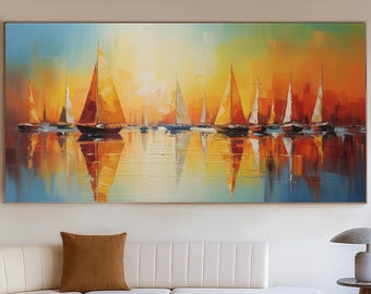 Original Colorful Sailboat Abstract Oil Painting, Large Modern Coastal Wall Art, Textured Palette Knife Canvas for Vibrant Nautical Decor