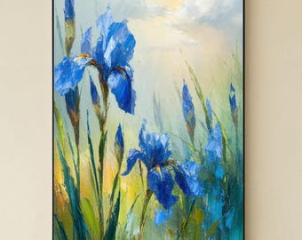 Original Ölgemälde Blaue Blume Wandkunst, Große Blumen Leinwand Kunstwerk, Strukturierte Blaue Blumenmalerei für Wohnzimmer Dekor, Natur Kunst