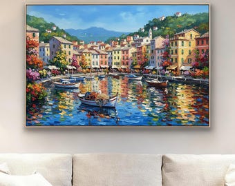 Pintura al óleo original del puerto de Portofino, arte mural costero italiano pintado a mano, decoración de paisaje costero mediterráneo colorido