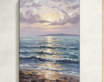 Original Sunset Ocean Oil Painting on Canvas, Handmade Seascape Canvas Wall Art, Textured Beach Waves Painting, Coastal Sunset Home Decor
