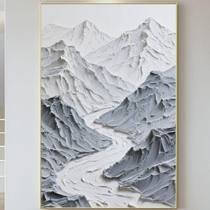 Pintura al óleo de montaña texturizada de gran tamaño, paisaje original en 3D, arte de pared para sala de estar, obra de arte moderna de paisaje de montaña en blanco y gris, decoración del hogar