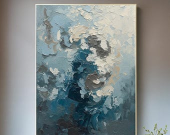 Original Hand-Painted Abstract Ocean Wave Oil Painting on Canvas,Large Textured Blue and Cream Impasto Wall Art, Contemporary Home Decor