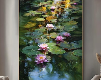 May include: A large rectangular wall art piece featuring an oil painting of a pond surface covered in green lily pads and several blooming pink water lilies, with light reflecting off the dark water in shades of yellow and blue.