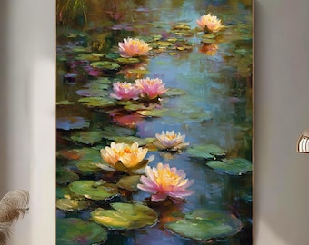 Yellow Lotus Pond Oil Painting, Hand Painted Water Lily Canvas Art, Impressionist Flower Painting, Serene Bedroom Decor