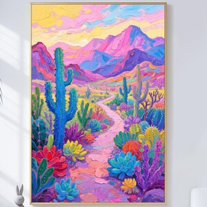 Vibrant Abstract Cactus Flower Workart Large Wall Art Colorful Desert Canvas Modern Impressionist Art Floral Decor Hand Painted Oil Painting