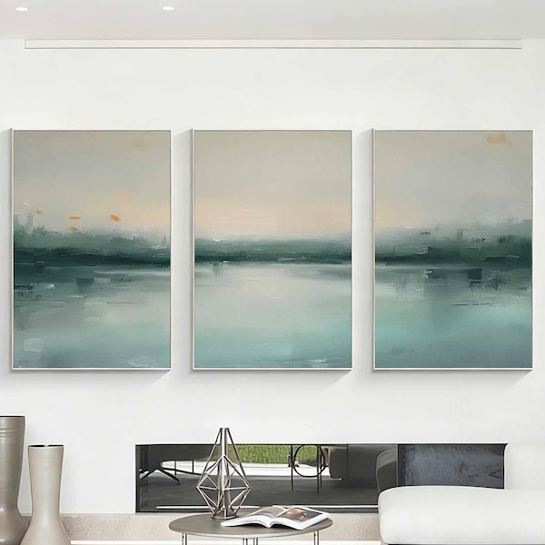 Hand Painted Abstract Lake Triptych Soft Oil Painting, Modern Calm Horizon Wall Art, Minimal Green Blue Landscape Canvas Set Decor