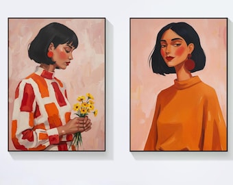 Original Female Portrait Oil Painting, Hand-Painted Modern Woman Wall Art on Canvas, Warm Boho Style Decor for Bedroom or Studio