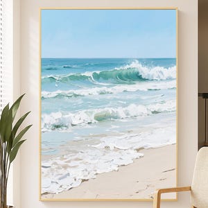 Blue Ocean Wave Painting on Canvas Impasto Textured Painting Designer Serene Canvas Artwork Minimalist Living Room Decor Contemporary Art