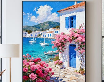 大型　135cm✕55cm　アートパネルBelle toile florale Original Blue Door Mediterranean Coastal Oil Painting,hand-painted