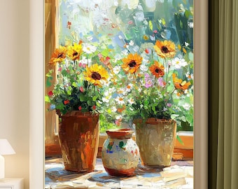 Original Sunflower Still Life Oil Painting on Canvas, Bright Floral Window Scene Art, Textured Impasto Wall Decor for Kitchen or Living Room