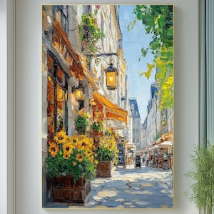 オリジナルテクスチャ油絵 パリのストリートシーンアート ひまわりカフェ ウォールアート ヨーロッパの都市景観 キャンバス 手描き フランス アーバンアート 装飾