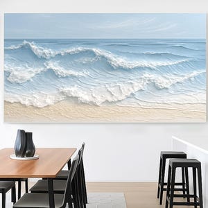 Blue Ocean Wave Canvas Wall Art Impasto Textured Painting Serene Canvas Art Minimalist Living Room Decor Contemporary Art Sea Beach Scene