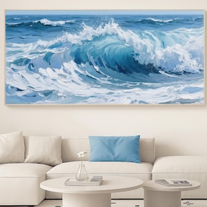 Hand Painted Blue Ocean Wave Painting on Canvas Impasto Textured Painting Serene Canvas Art Minimalist Living Room Art Contemporary Art