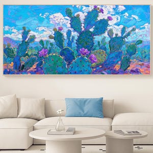 Cactus figues de Barbarie, peinture sur toile, empâtement 3D, art mural texturé, désert coloré, oeuvre d'art jardin succulente, décoration de salon