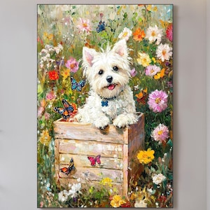 Original Westie Dog Oil Painting in Flower Garden with Butterflies White Terrier Wall Art Floral Pet Portrait Colorful Dog Art Home Decor