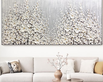 Extra Large Textured White Floral Wall Art on Canvas 3D Flower Painting for Living Room Decor Modern Neutral Handmade Wall Artwork Gift