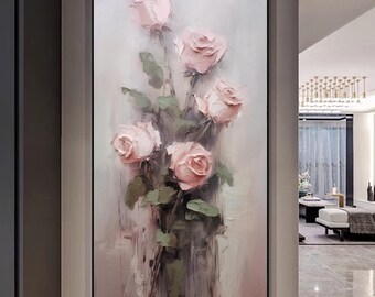 Rosa Rose Ölgemälde auf Leinwand, handgemaltes Blumen Wandbild mit strukturierten Pinselstrichen, romantisches botanisches Kunstwerk für ein modernes Wohndekor
