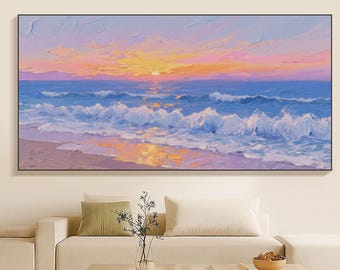 Original Hand Painted Sunset Beach Oil Painting On Canvas, Large Ocean Wave Textured Wall Art, Modern Coastal Seascape Artwork Home Decor